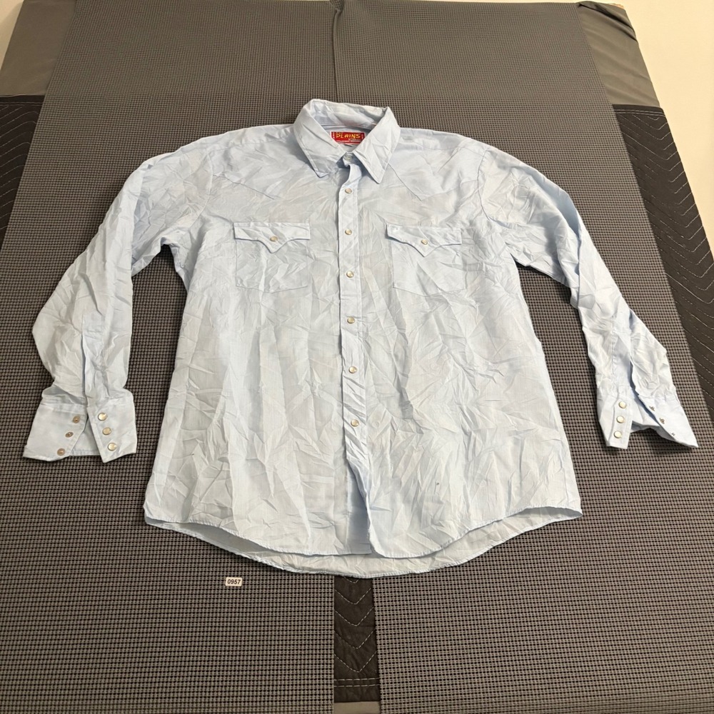 Ely Plains Mens Light Blue Western Pearl Snap Shirt 16.5 x 34 Vintage